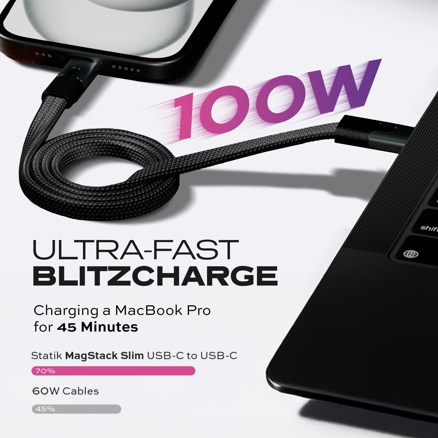 Statik® MagStack® Slim Pro | Tangle-Free Magnetic Nylon | Fast Charging Data Cable