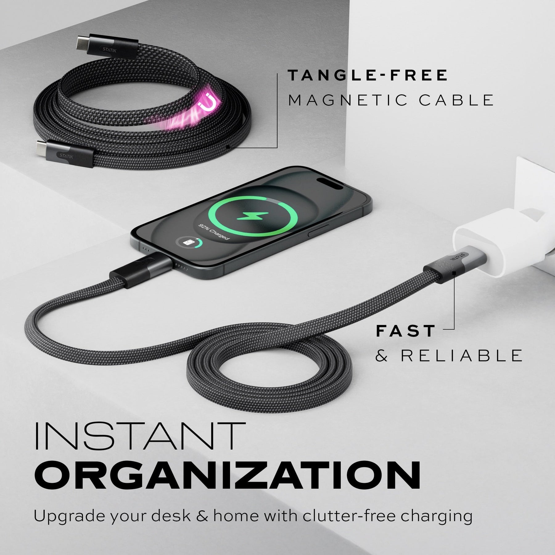 Statik® MagStack® Slim Pro | Tangle-Free Magnetic Nylon | Fast Charging Data Cable